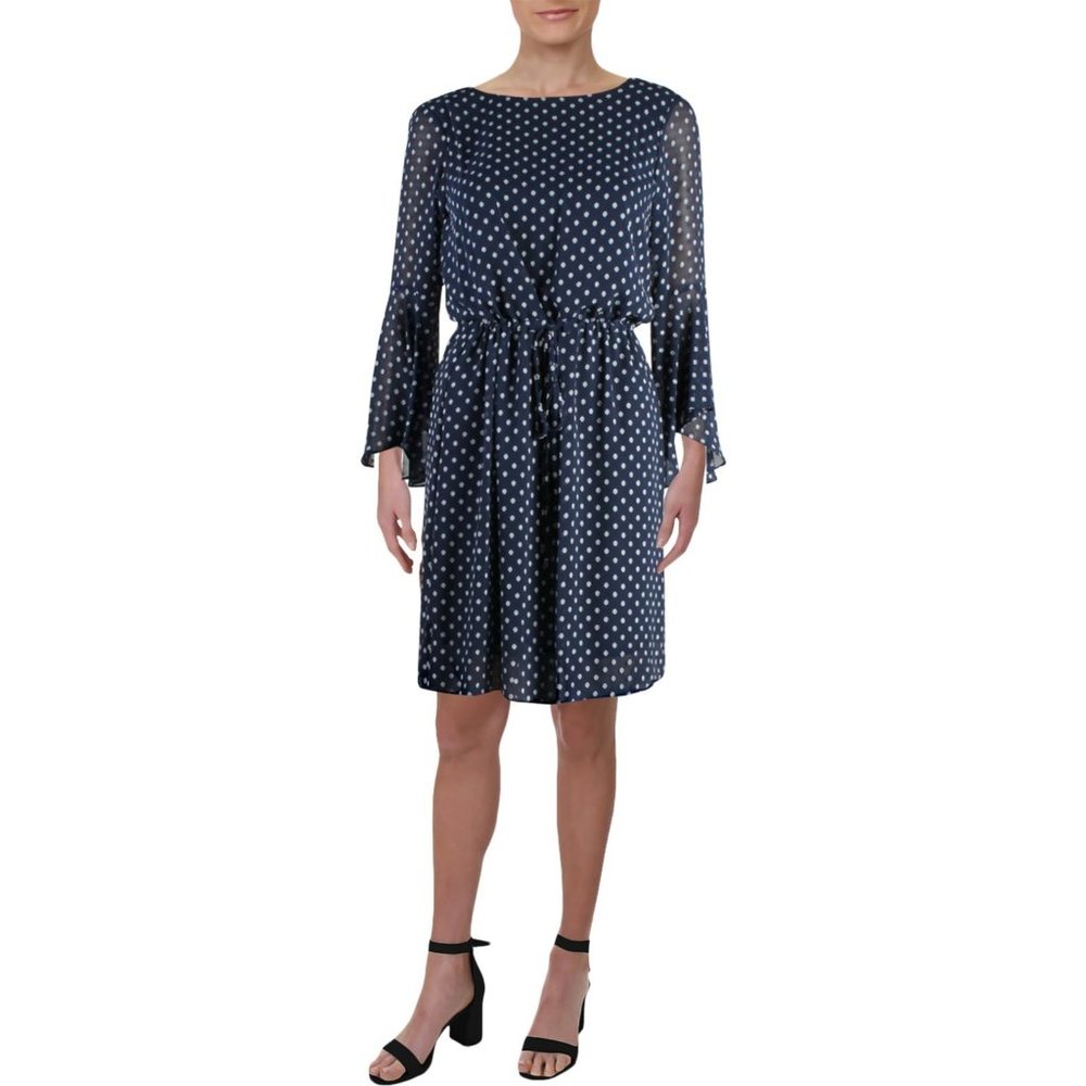 Lauren Ralph Lauren Womens Tie Front Bell Sleeve Polka Dot Dress Blue size 10